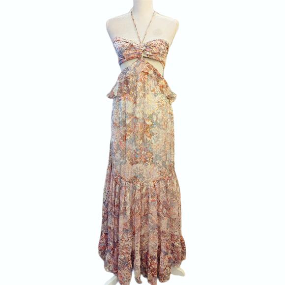 NWOT Rococo Sand Paola Halter Cutout Metallic Ruffle Maxi Dress $445 Medium - Picture 3 of 10